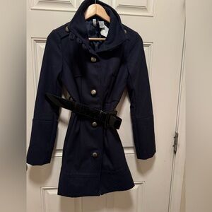 Voice navy wool blend military coat with black patent belt size small